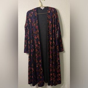 LuLaRoe- Sarah-Long Duster-Black, purple and Orange print- Size Medium